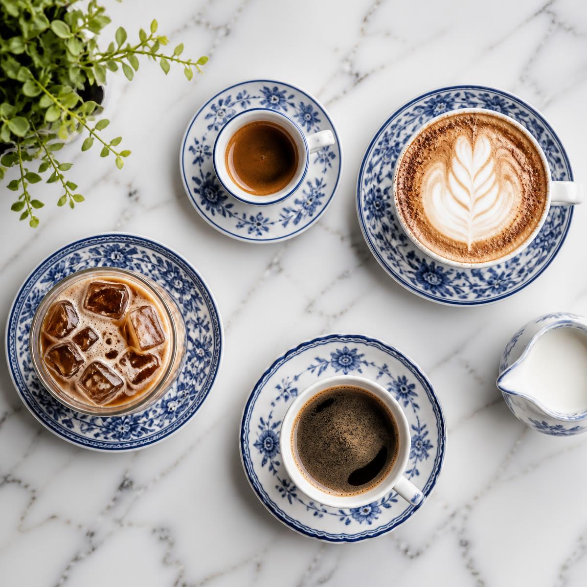 Espresso, cappuccino and iced coffee in blue and white porcelain
