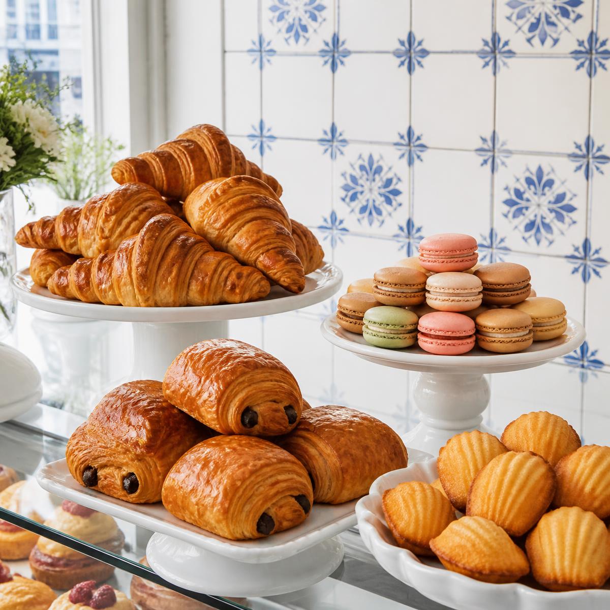 Croissants, pain au chocolat, macarons and madeleines